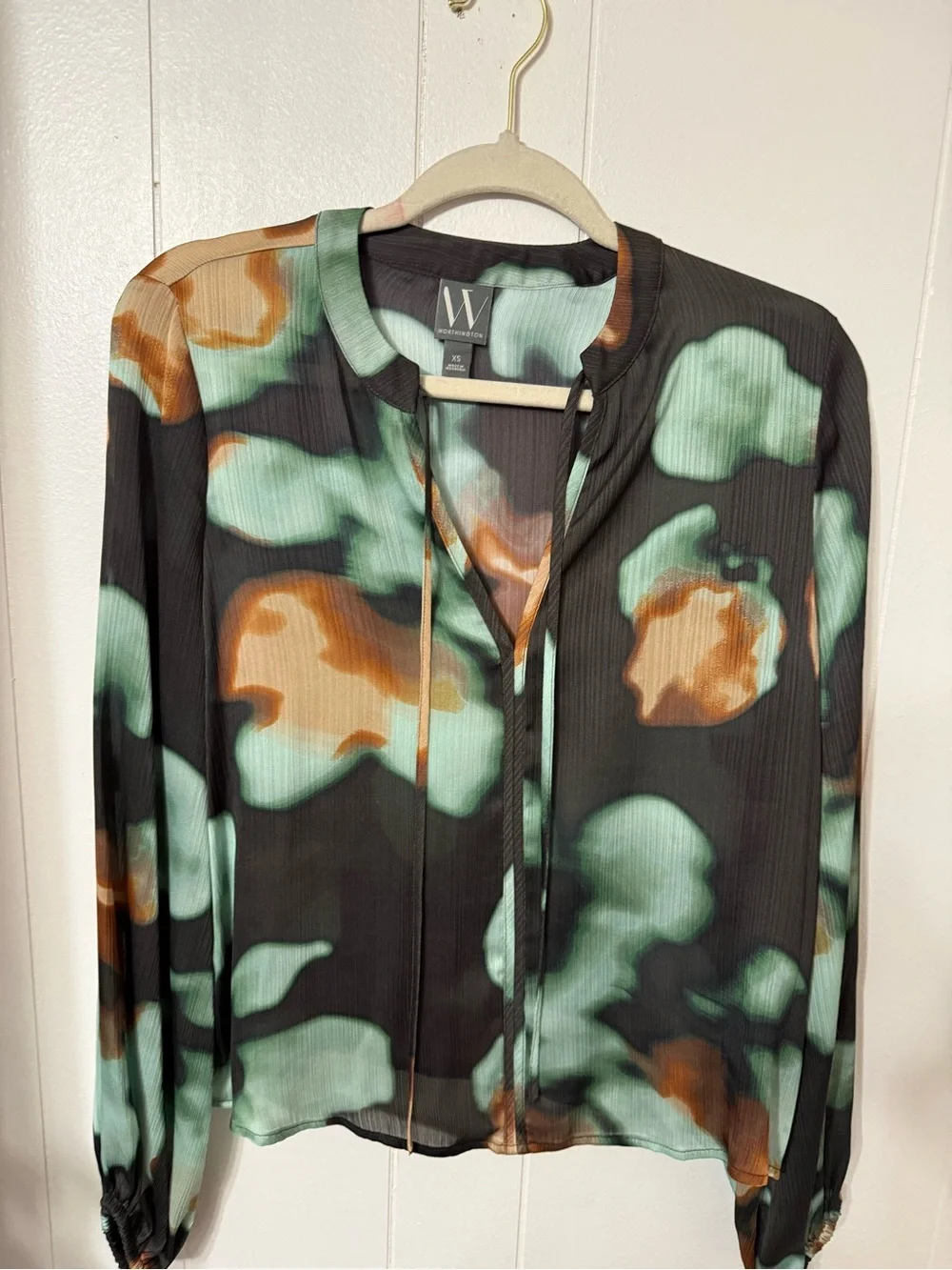 W by Worth Black Green and Brown Abstract Print Sheer Blouse